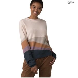 Prana Womens Organic Cotton Tencel Colorblock Ribbed Sweater Pink Earthy Medium